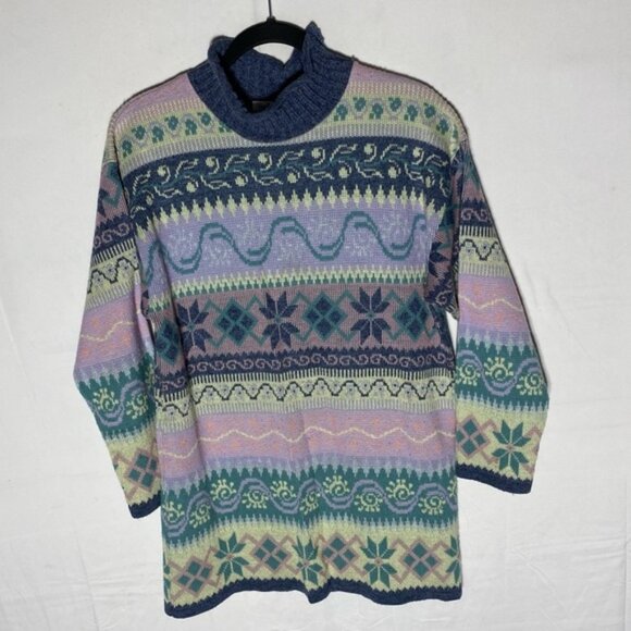 Vintage Grace Blue Purple Green Multi Print Jacquard Knit Mock Neck Swea…
